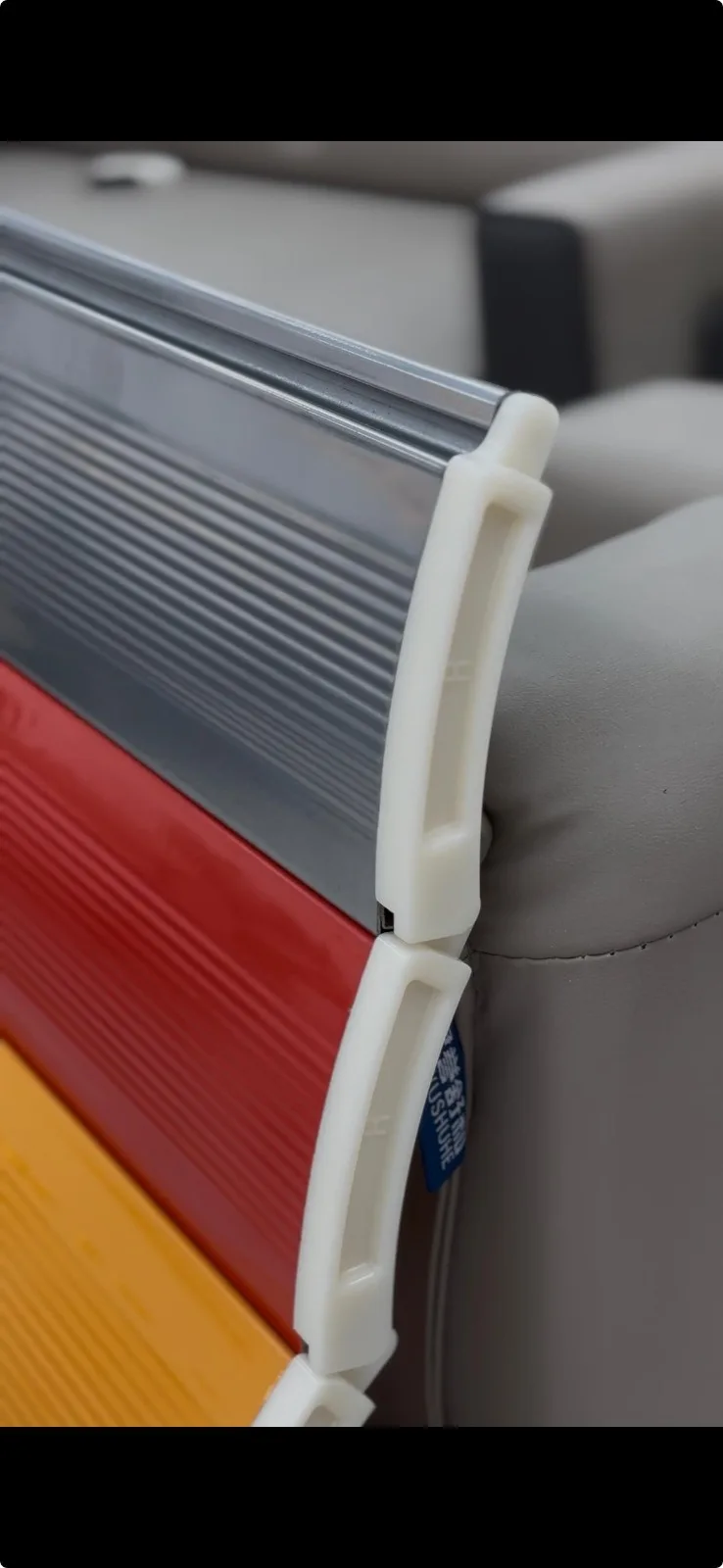 White ABS end caps fitted to slats in multiple colours