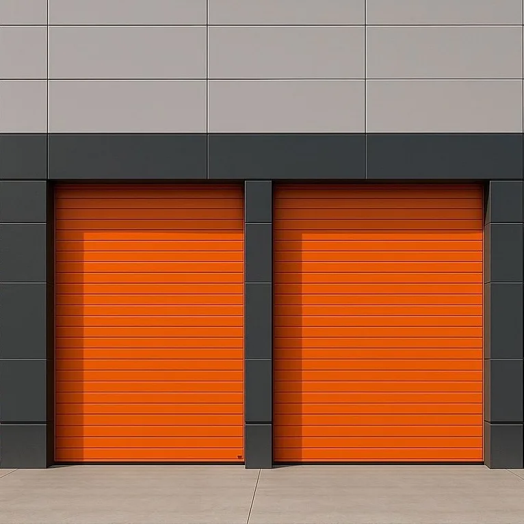 Two orange roller shutters on a clean commercial unit façade