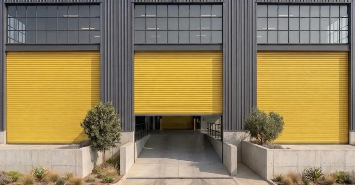 Three yellow roller shutters on a modern industrial building