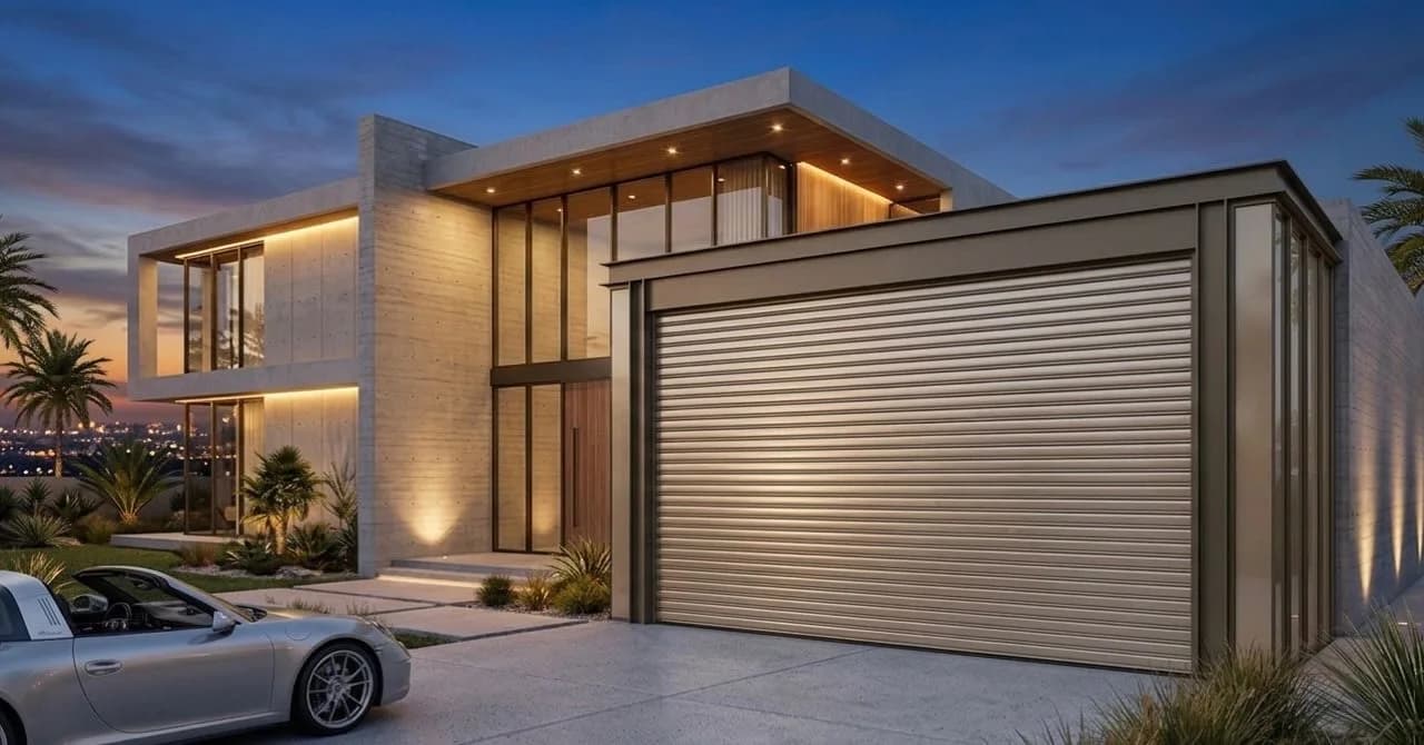 Champagne roller shutter on a contemporary hillside villa at dusk