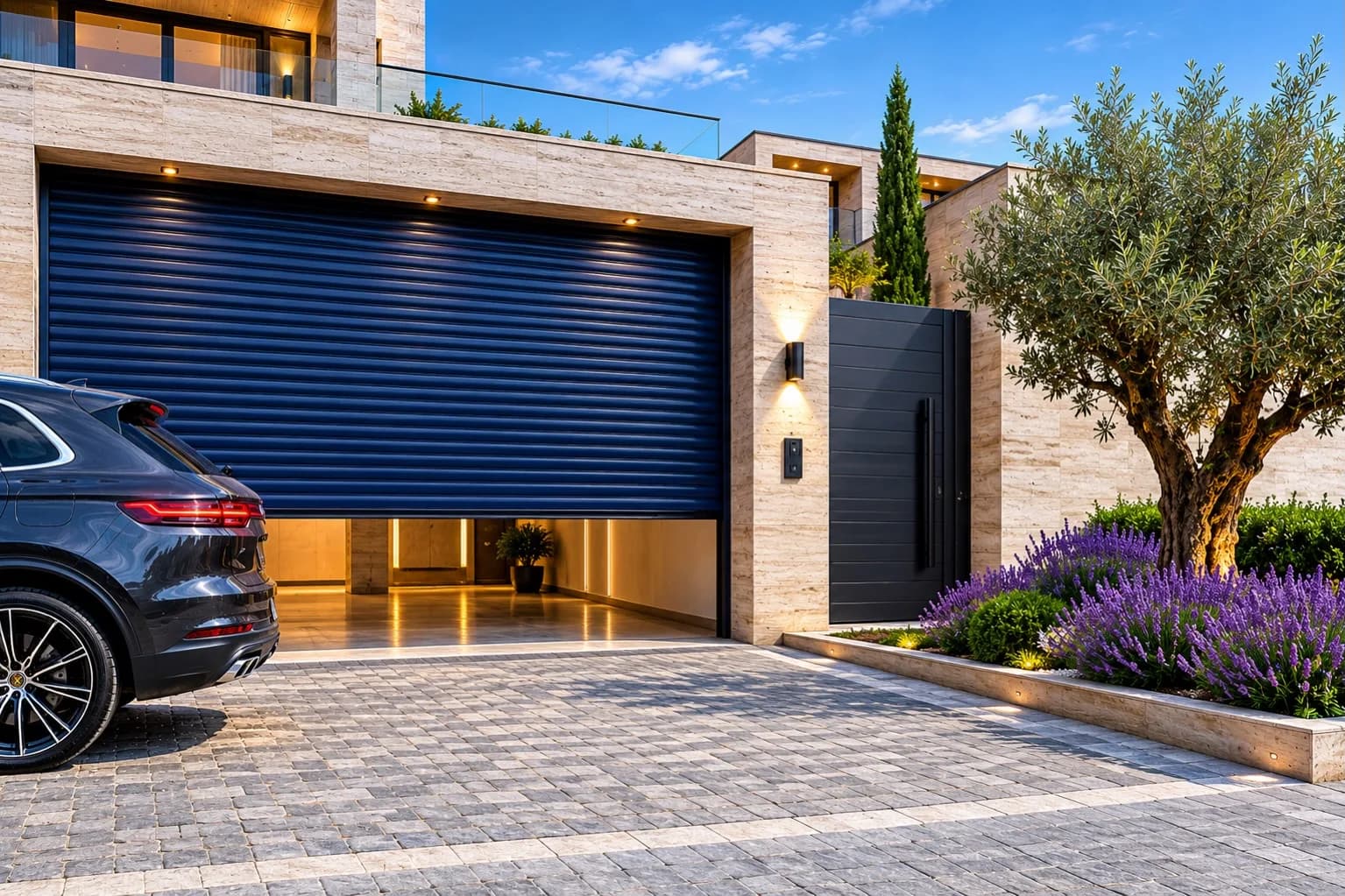 Navy foam-filled roller shutter on a luxury travertine villa garage
